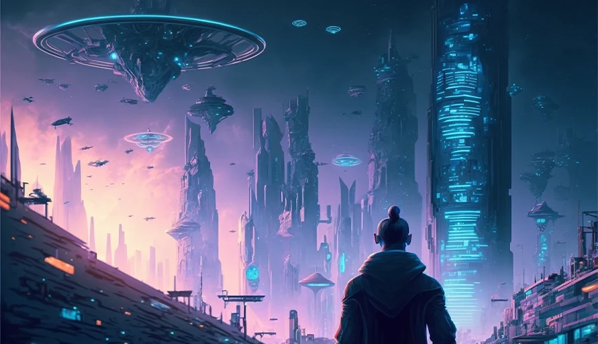 Avatar di spalle che guarda lo skyline di un mondo futuristico